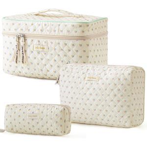 Quilted Makeup Bag, 3pcs Cotton Large Travel Makeup Bag, Cute Floral Coquette😼